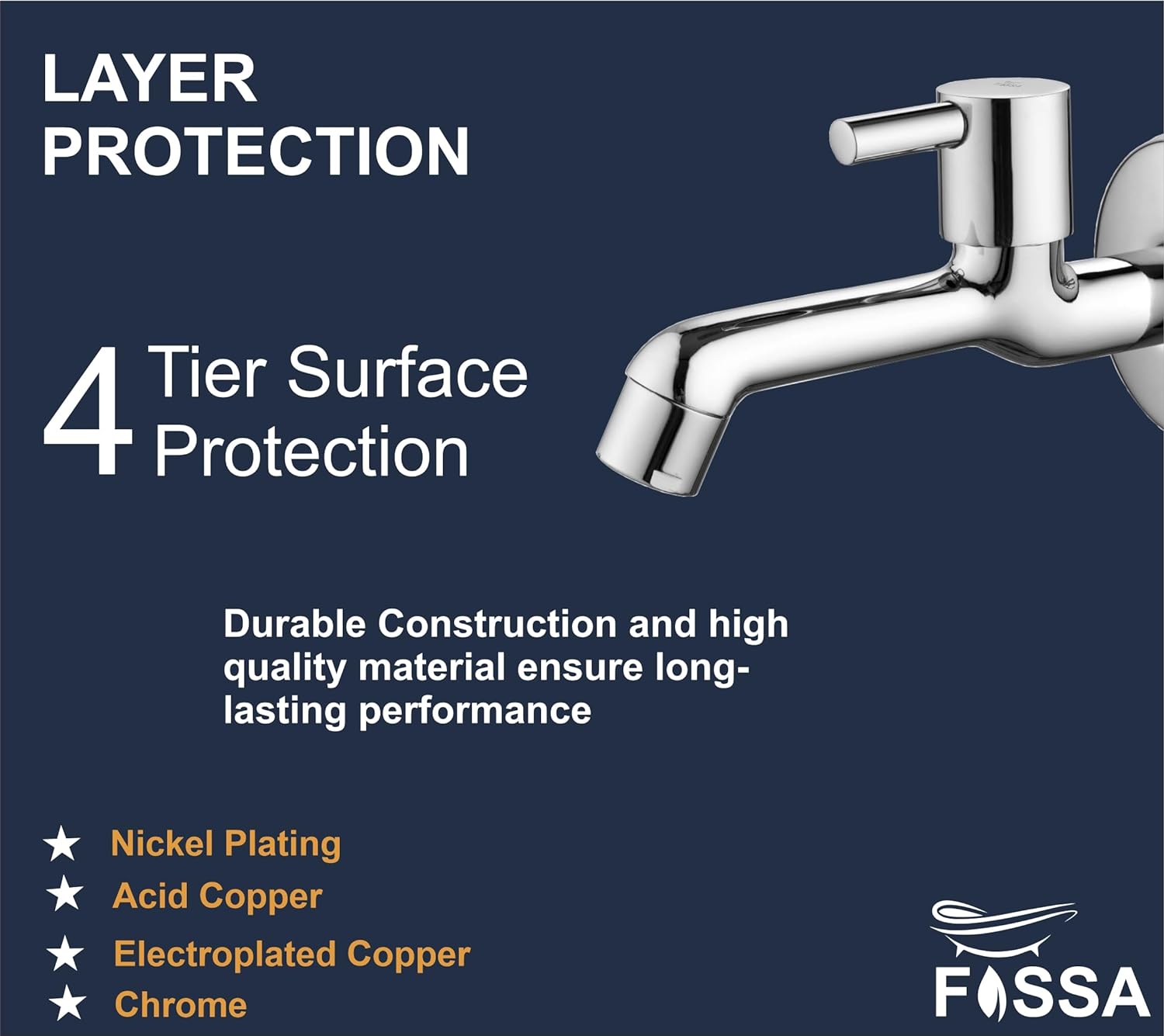 Fossa Orbit Brass Tap Faucet Bib Tap (Long Body) Wall Mounted for Bathroom, Kitchen Sink, Washing Areas, Gardens, Sink Faucet with Brass Tap with Wall Flange (Mirror-Chrome Finish)-4