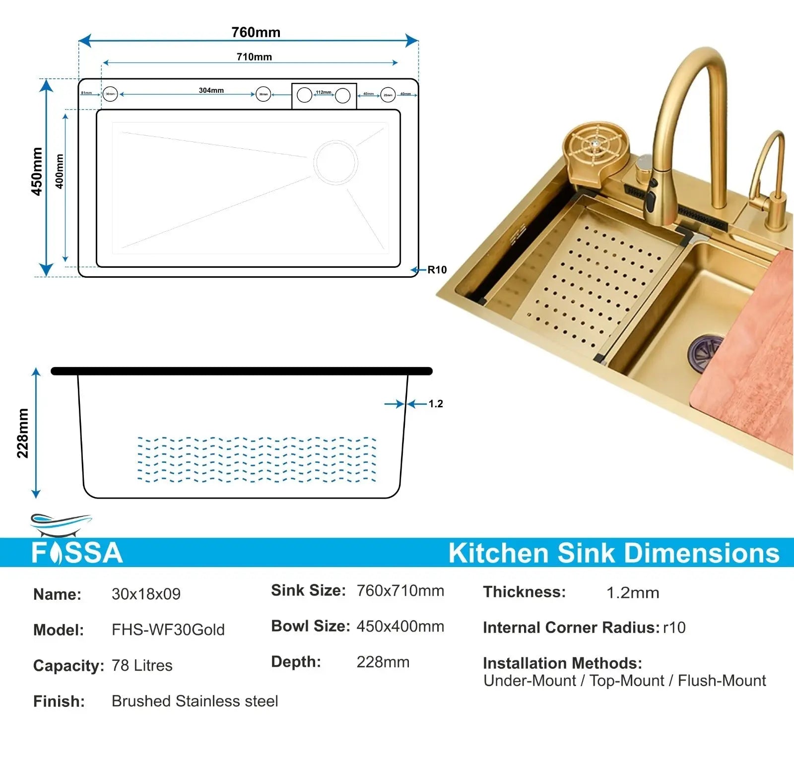 Fossa 30"x18"x10" inch  Single Bowl 304 grade Waterfall Kitchen Sink Honeycomb Embossed Sink with White Nano Coating, Stainless Steel, Rectangular Workstation, faucet With all Accessories.Gold-1