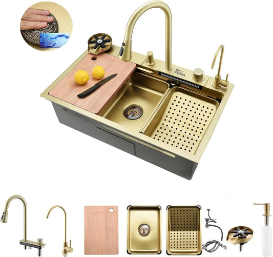 Fossa 30"x18"x10" inch  Single Bowl 304 grade Waterfall Kitchen Sink Honeycomb Embossed Sink with White Nano Coating, Stainless Steel, Rectangular Workstation, faucet With all Accessories.Gold-0