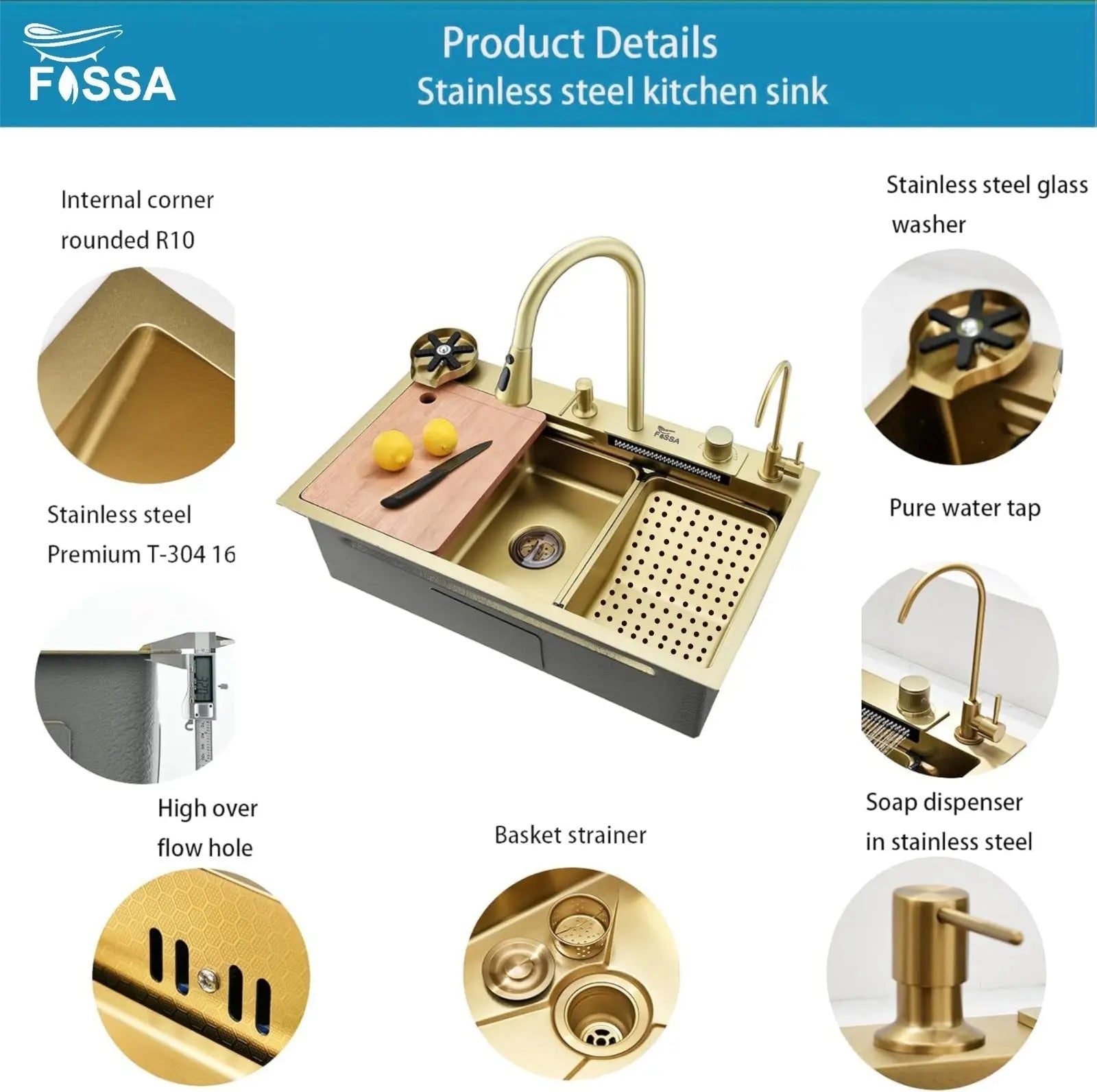 Fossa 30"x18"x10" inch  Single Bowl 304 grade Waterfall Kitchen Sink Honeycomb Embossed Sink with White Nano Coating, Stainless Steel, Rectangular Workstation, faucet With all Accessories.Gold-3
