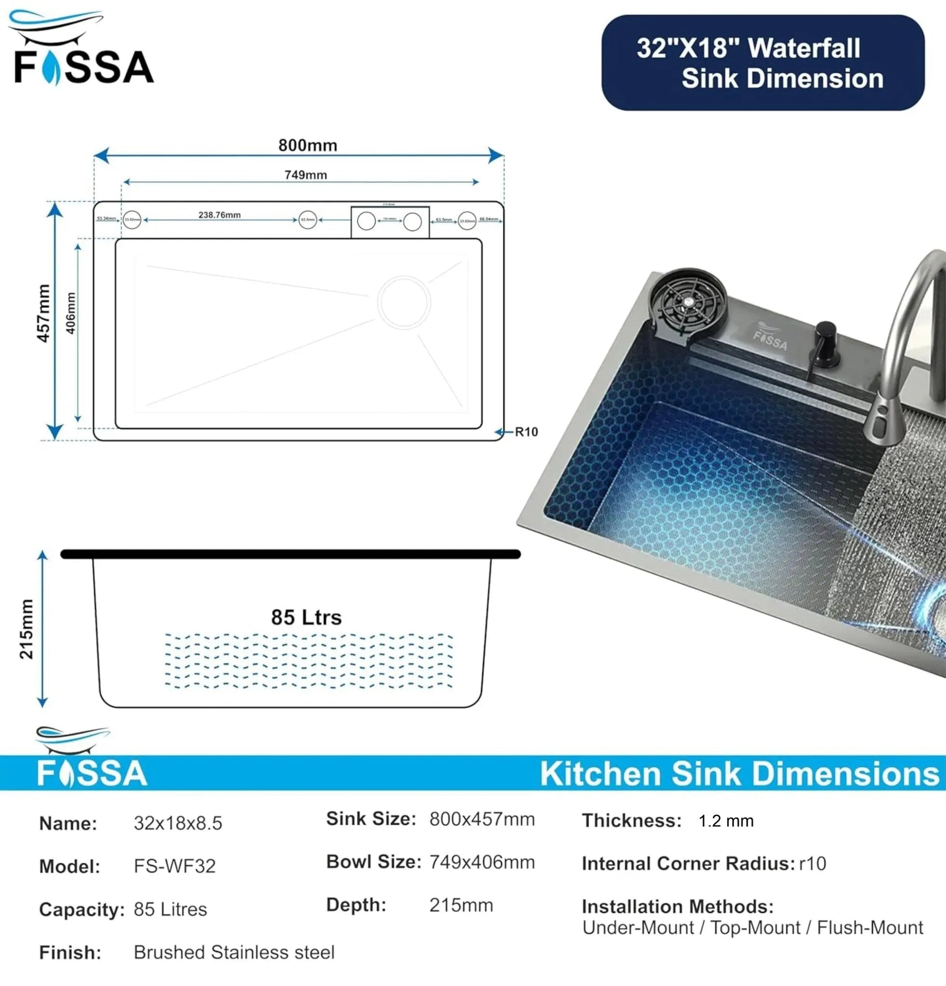 Fossa 32"x18"x10" inch  Single Bowl Waterfall Kitchen Sink 304 Grade  Honeycomb Embossed Sink with White Nano Coating, Stainless Steel, Rectangular Workstation, Faucet With All Accessories.-1