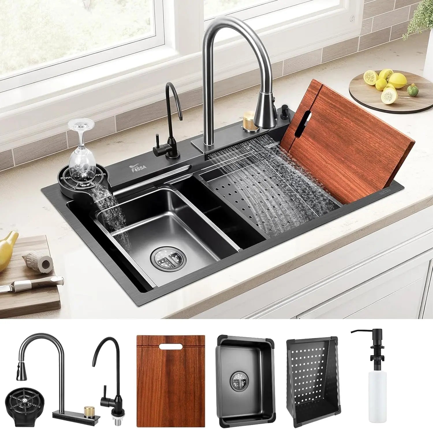 Fossa 32"x18"x10" inch  Single Bowl Waterfall Kitchen Sink 304 Grade  Honeycomb Embossed Sink with White Nano Coating, Stainless Steel, Rectangular Workstation, Faucet With All Accessories.-0