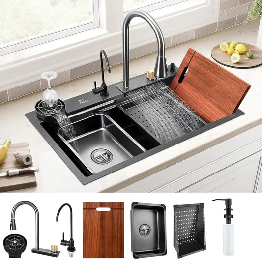 Fossa 32"x18"x10" inch  Single Bowl Waterfall Kitchen Sink 304 Grade  Honeycomb Embossed Sink with White Nano Coating, Stainless Steel, Rectangular Workstation, Faucet With All Accessories.-0