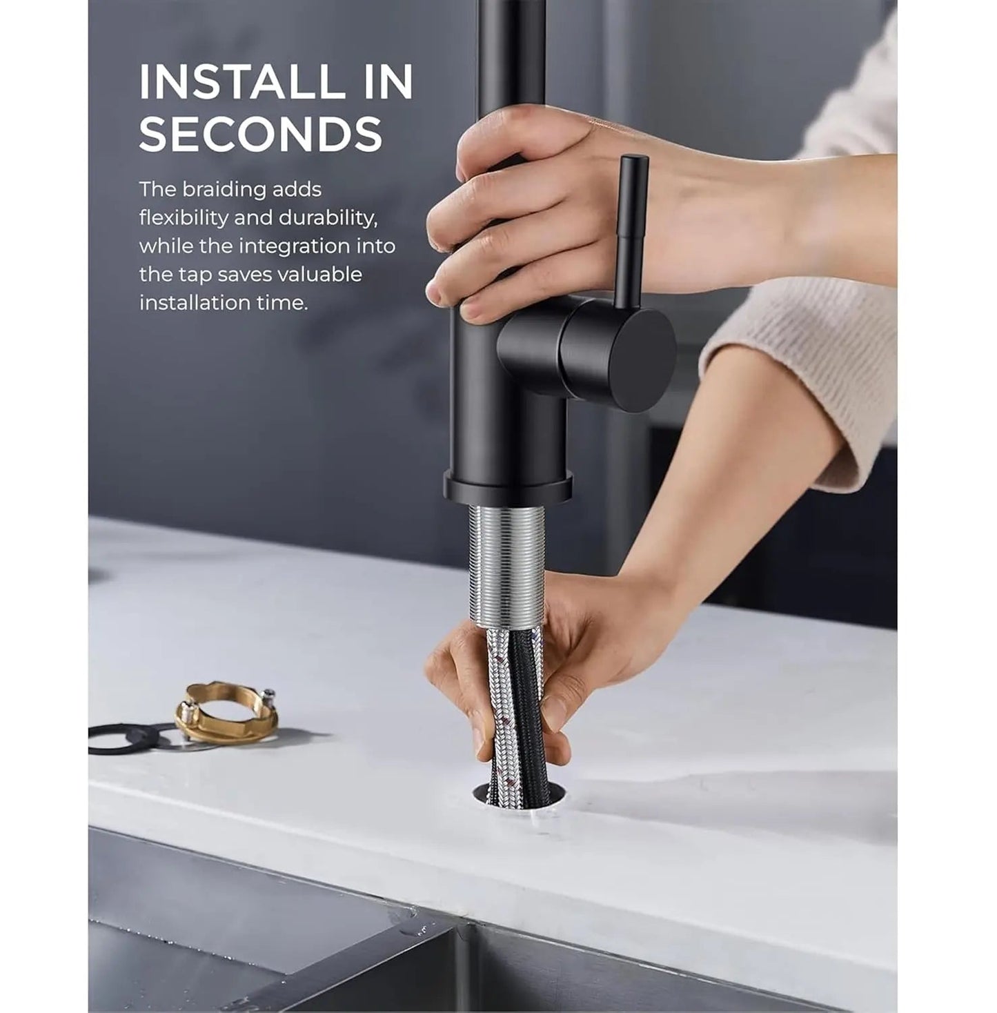 Fossa Heavy SUS 304 Stainless Steel Silver Single Lever Sink Hot & Cold Water Mixer Pull Down Tap Kitchen Sink Faucet with Pull Out Sprayer for... (Black)-2