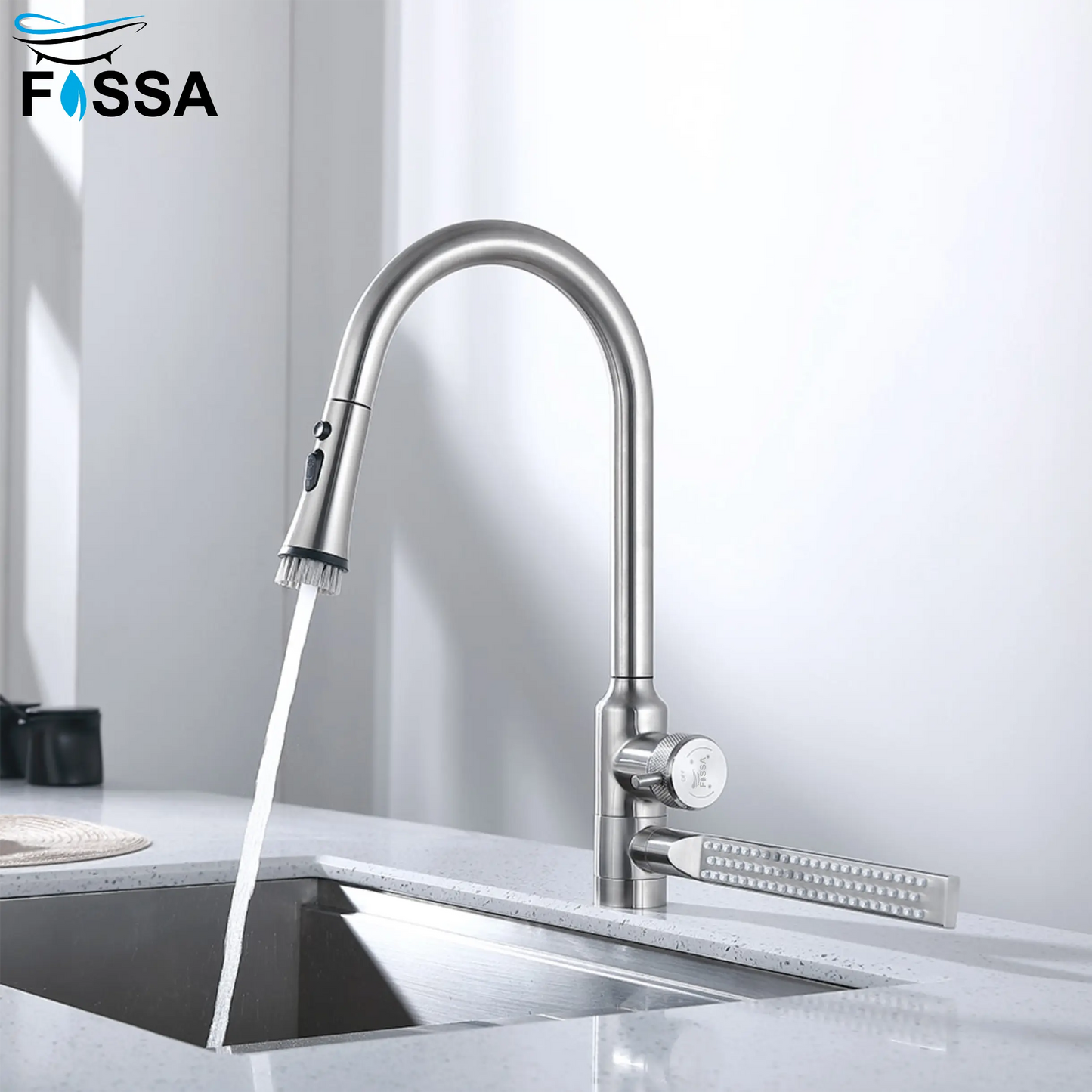 Fossa Integrated Waterfall Faucet Taps in-Built Shower Hot & Cold Water Supply and Pull-Out Faucet Taps 3 Way Multifunction Oprating Silver-1