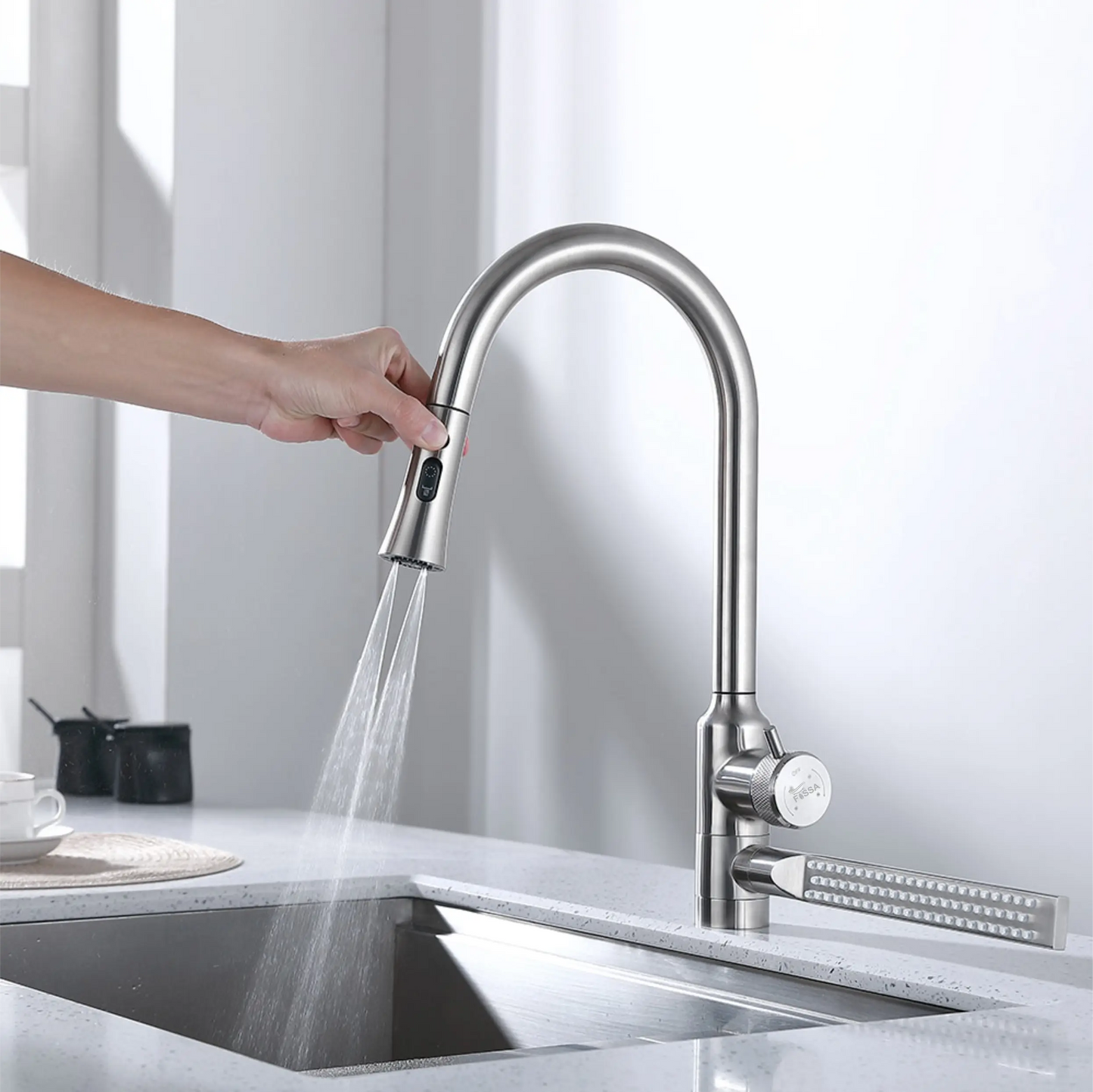 Fossa Integrated Waterfall Faucet Taps in-Built Shower Hot & Cold Water Supply and Pull-Out Faucet Taps 3 Way Multifunction Oprating Silver-0
