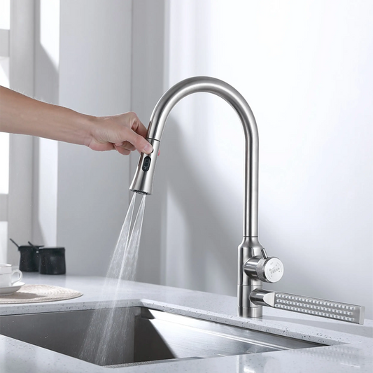 Fossa Integrated Waterfall Faucet Taps in-Built Shower Hot & Cold Water Supply and Pull-Out Faucet Taps 3 Way Multifunction Oprating Silver-0