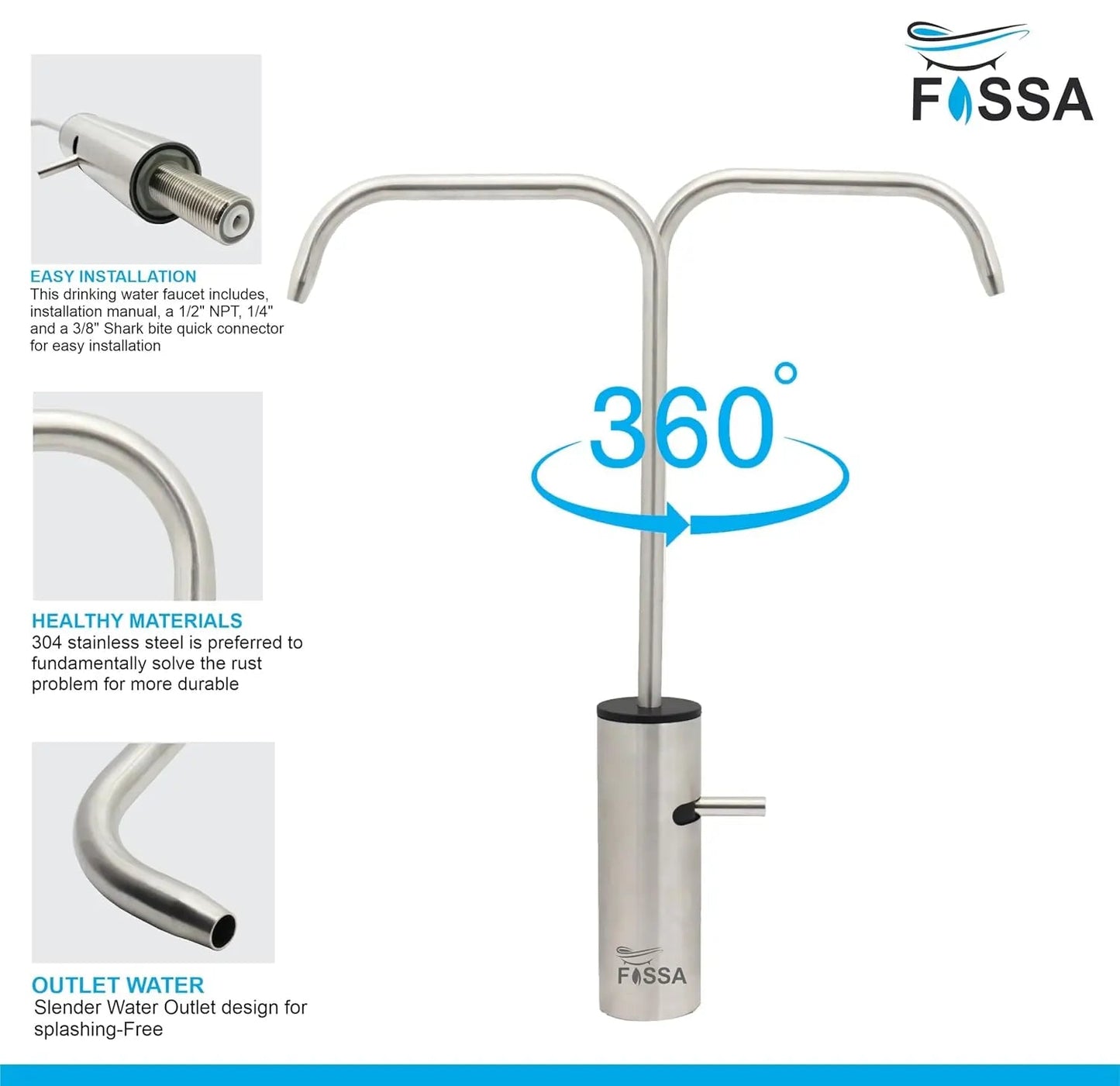 Fossa Opera L Bend RO Tap Kitchen Water Filter Faucet, 100% Lead-Free Drinking Water Faucet Stainless Steel Brushed Nickel Finish (Silver)-4