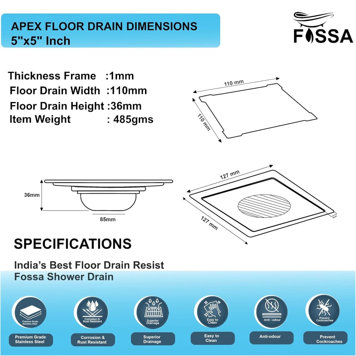 Fossa Flair 5"X5" Inch Floor Drain, Premium Stainless Steel, for Bathroom Grating Square Floor Drain Jali, Matte Finish-1