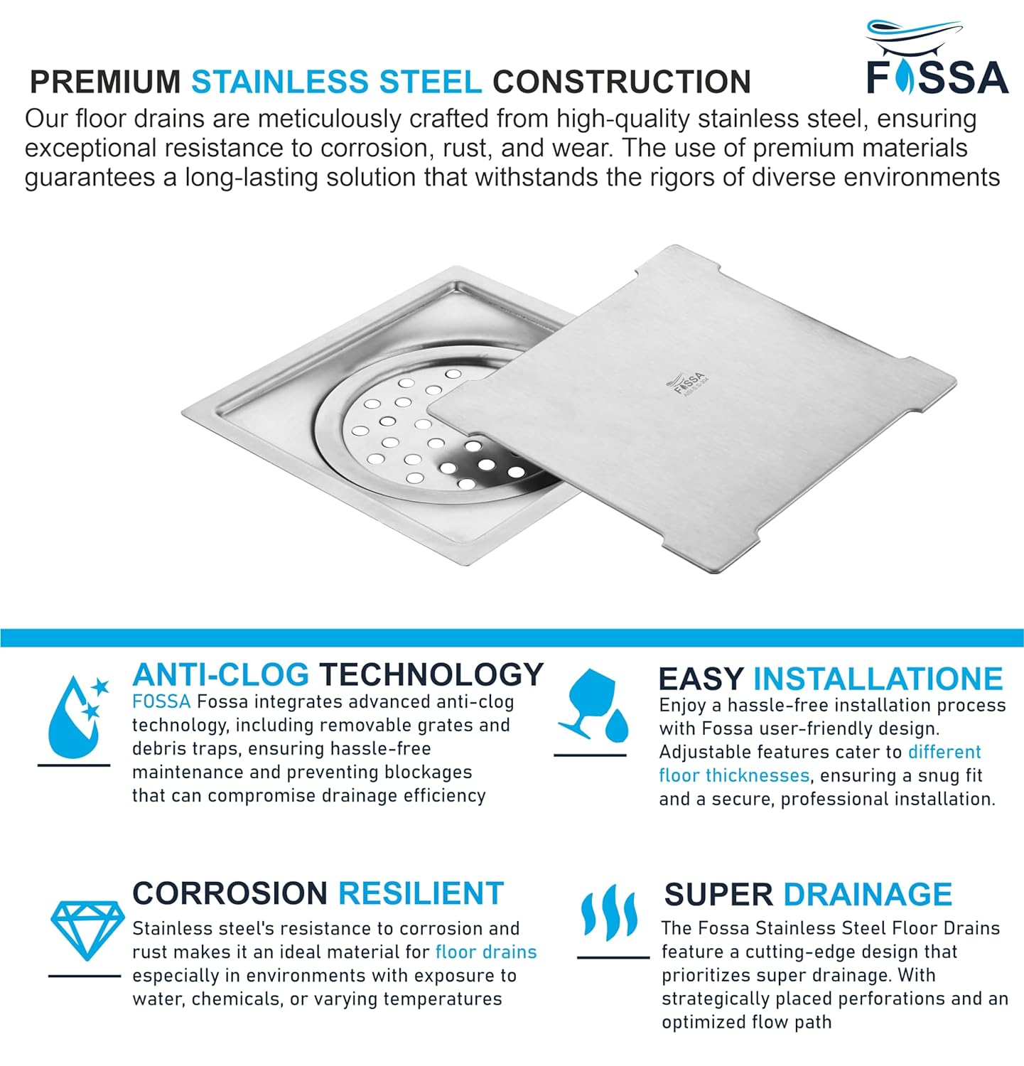 Fossa Flair 5"X5" Inch Floor Drain, Premium Stainless Steel, for Bathroom Grating Square Floor Drain Jali, Matte Finish-4