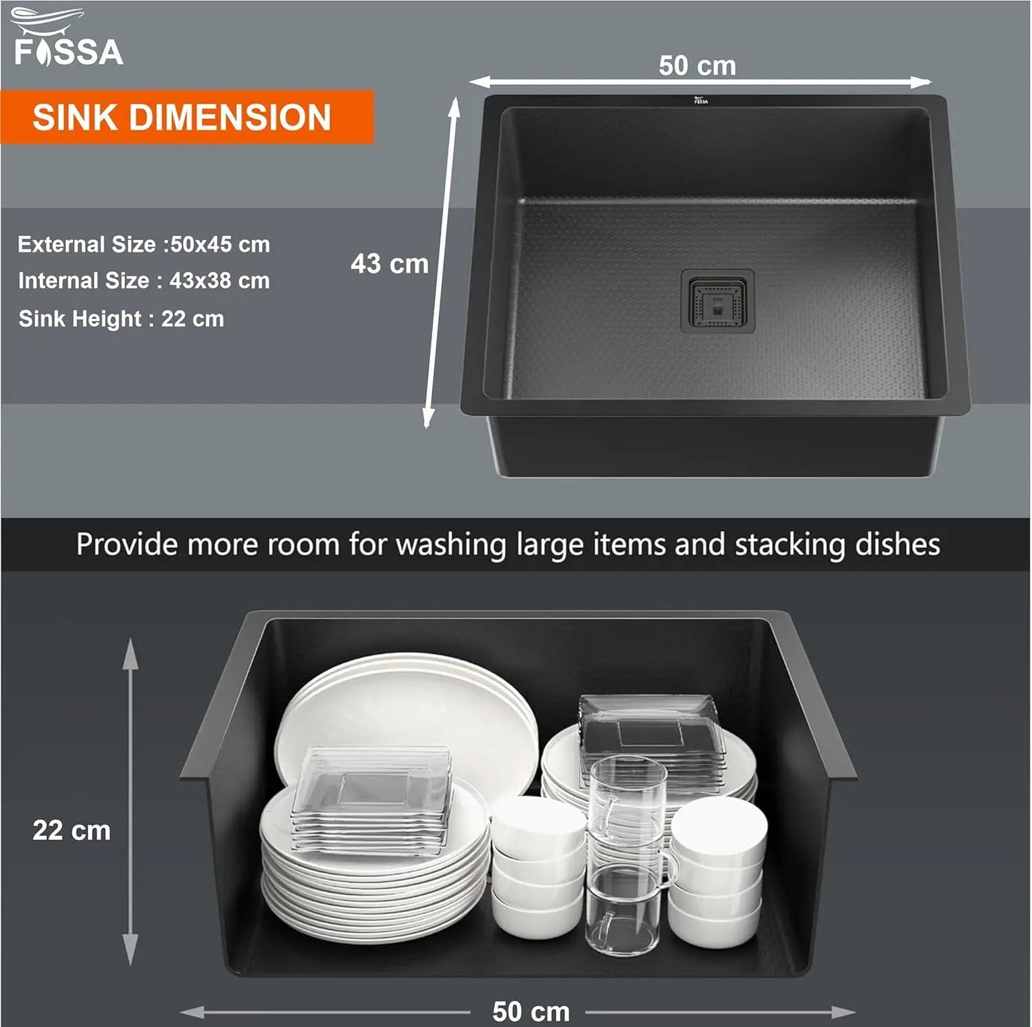 Fossa 20"x17"x09" Inch Single Bowl Honeycomb Embossed Kitchen Sink with Nano Coating (Black )-1