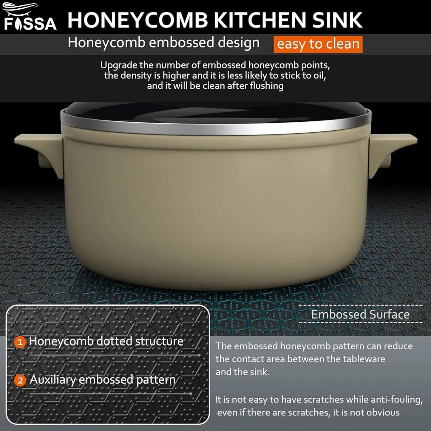 Fossa 20"x17"x09" Inch Single Bowl Honeycomb Embossed Kitchen Sink with Nano Coating (Black )-3