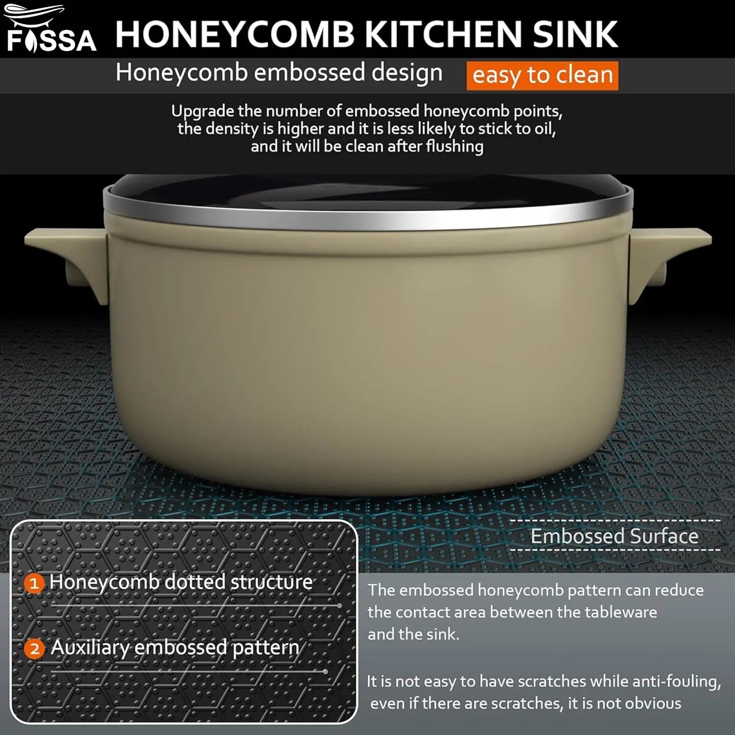 Fossa 22"x18"x09" Inch Single Bowl 304 Grade Honeycomb Embossed Kitchen Sink with Nano Coating (Black )-4