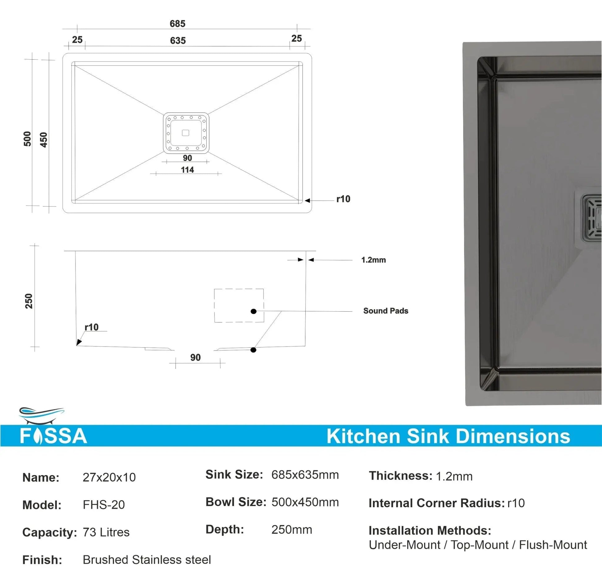 Fossa 27"x20"x10" Inch Single Bowl SS-304 Grade Stainless Steel Handmade Kitchen Sink Black-1