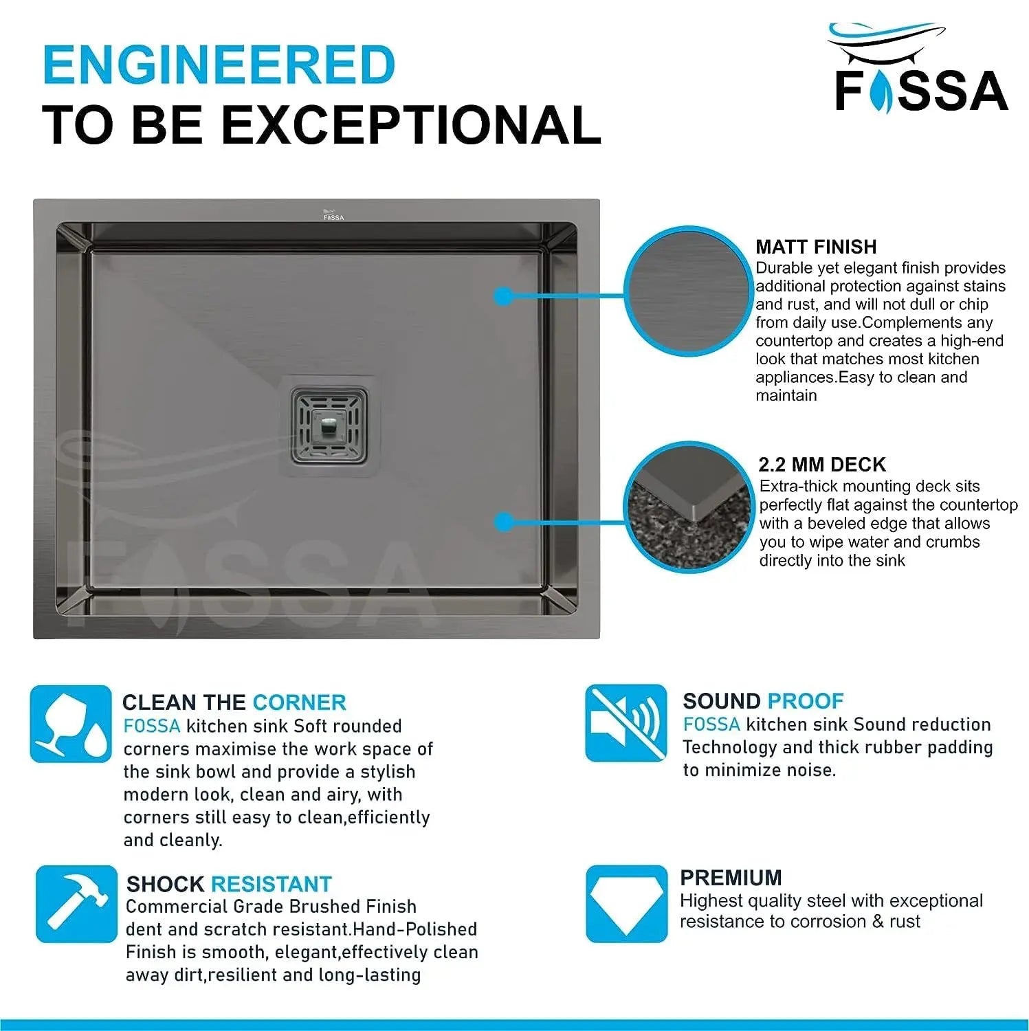 Fossa 27"x20"x10" Inch Single Bowl SS-304 Grade Stainless Steel Handmade Kitchen Sink Black-2