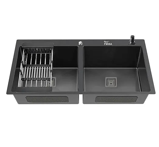 Fossa 32"x18"x10" Inch Double Bowl Tap Hole With Soap Dispenser Premium Stainless steel Handmade Kitchen Sink ( Black )-0