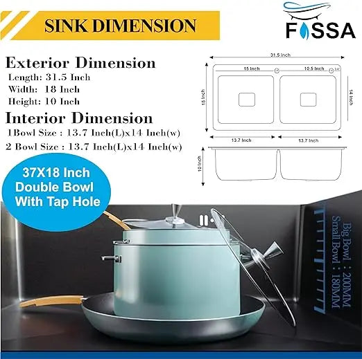 Fossa 32"x18"x10" Inch Double Bowl Tap Hole With Soap Dispenser Premium Stainless steel Handmade Kitchen Sink ( Black )-1