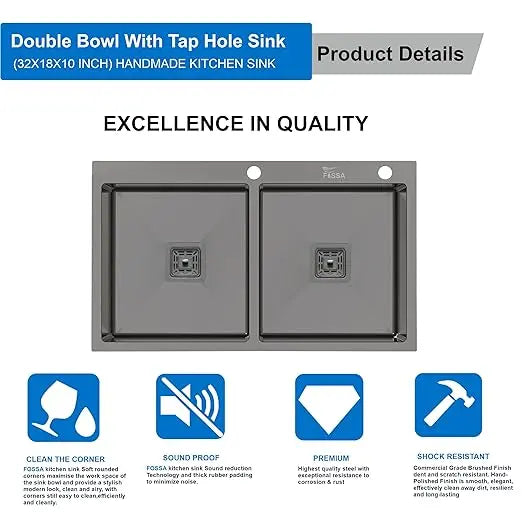 Fossa 32"x18"x10" Inch Double Bowl Tap Hole With Soap Dispenser Premium Stainless steel Handmade Kitchen Sink ( Black )-2