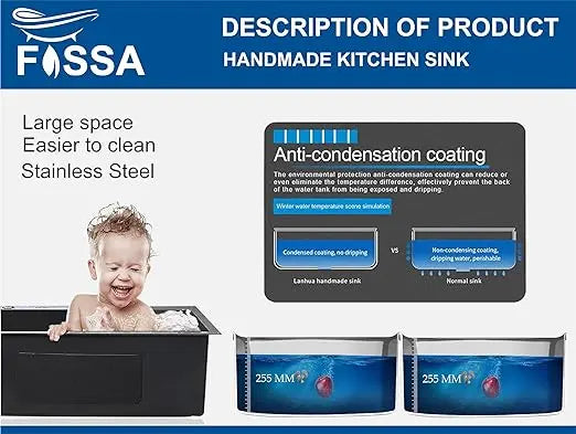 Fossa 32"x18"x10" Inch Double Bowl Tap Hole With Soap Dispenser Premium Stainless steel Handmade Kitchen Sink ( Black )-3