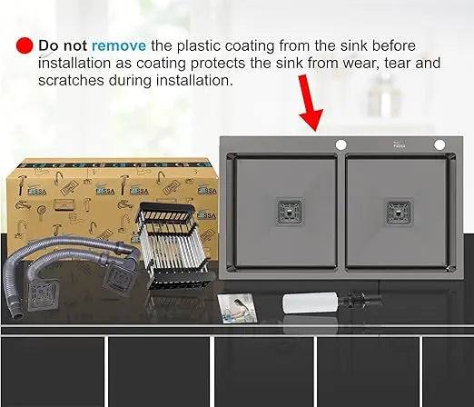Fossa 32"x18"x10" Inch Double Bowl Tap Hole With Soap Dispenser Premium Stainless steel Handmade Kitchen Sink ( Black )-4