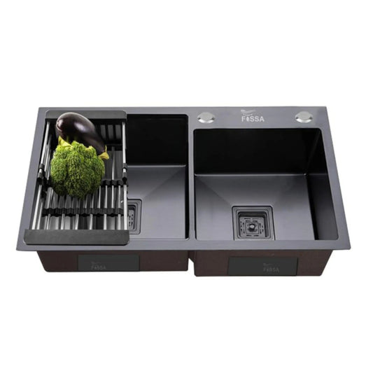 Fossa 32"x18"x10" Inch Double Bowl with Single Tap Hole SS-304 Grade Handmade Kitchen Sink Black-0