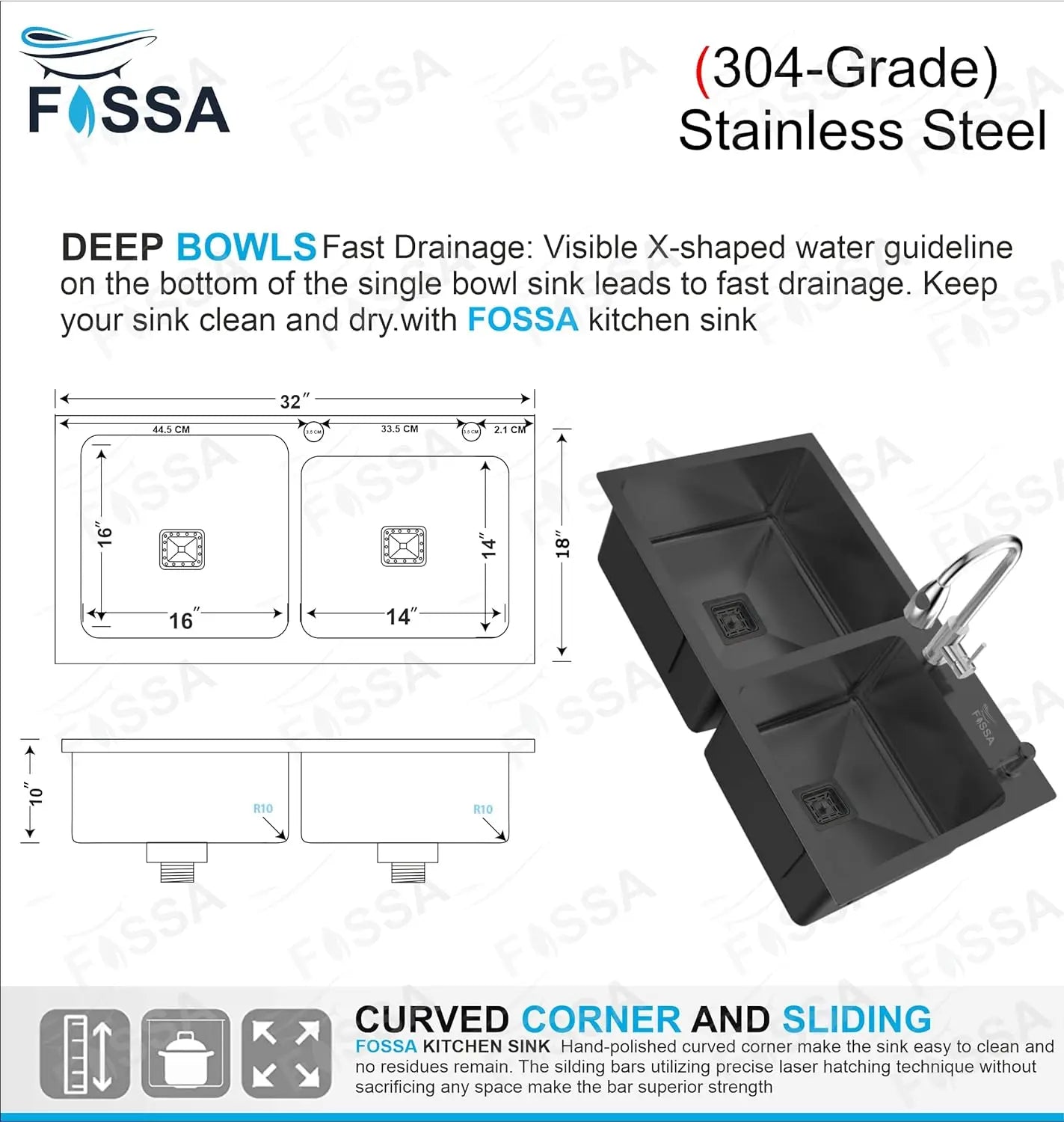 Fossa 32"x18"x10" Inch Double Bowl with Single Tap Hole SS-304 Grade Handmade Kitchen Sink Black-1