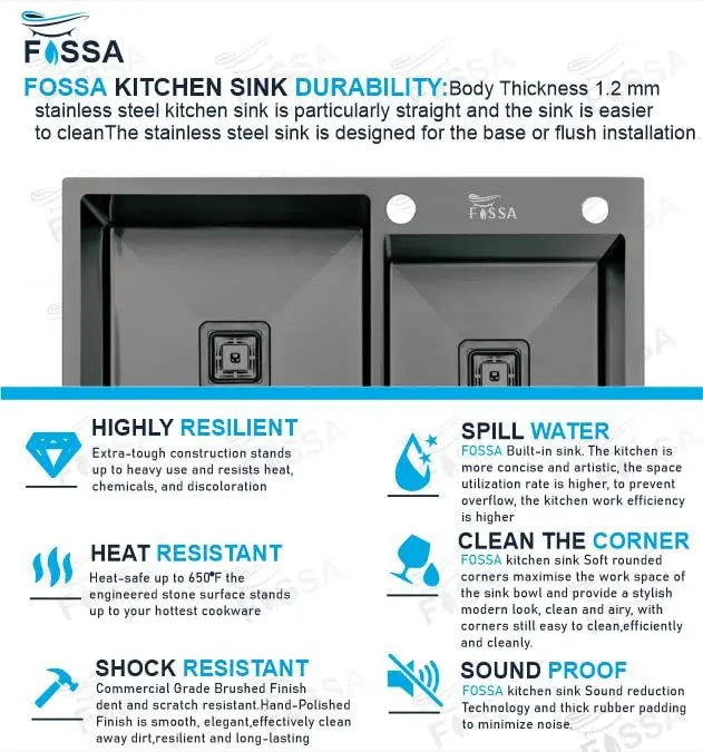 Fossa 32"x18"x10" Inch Double Bowl with Single Tap Hole SS-304 Grade Handmade Kitchen Sink Black-2