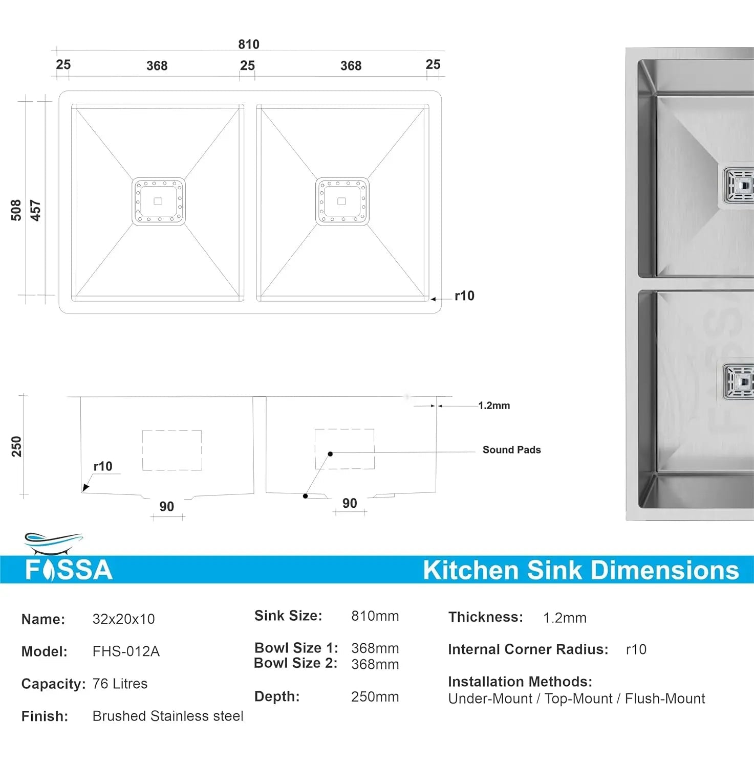 Fossa 32"x20"x10" Inch Double Bowl SS-304 Grade Stainless Steel Handmade Kitchen Sink Silver-1