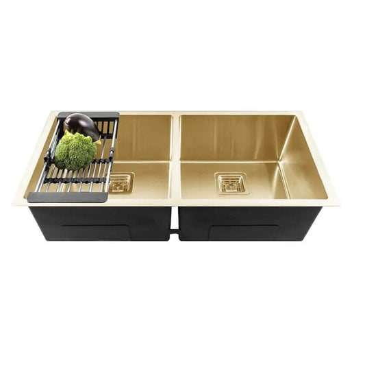 Fossa 37"x18"x10" Inch Double Bowl 304 Grade Handmade Kitchen Sink Gold-0