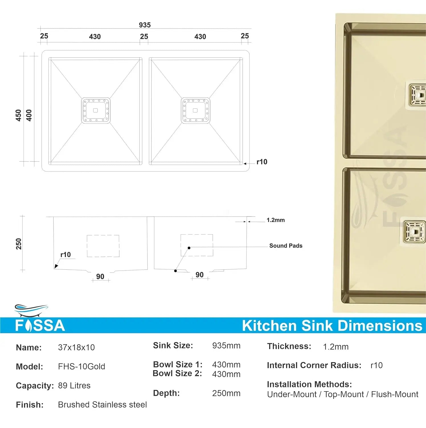 Fossa 37"x18"x10" Inch Double Bowl 304 Grade Handmade Kitchen Sink Gold-1