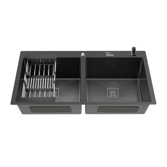 Fossa 37"x18"x10" Inch Double Bowl Tap Hole With Soap Dispenser Stainless steel Handmade Kitchen Sink ( Black )-0