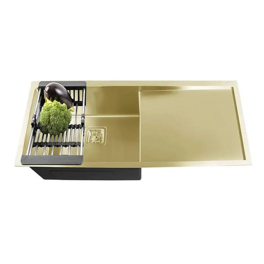 Fossa 37"x18"x10" Inch Single Bowl With Drain Board 304 Grade Handmade Kitchen Sink Gold-0