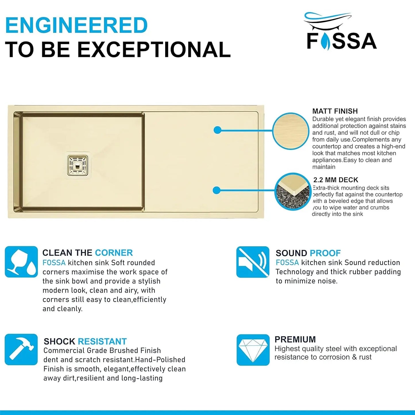 Fossa 37"x18"x10" Inch Single Bowl With Drain Board 304 Grade Handmade Kitchen Sink Gold-2