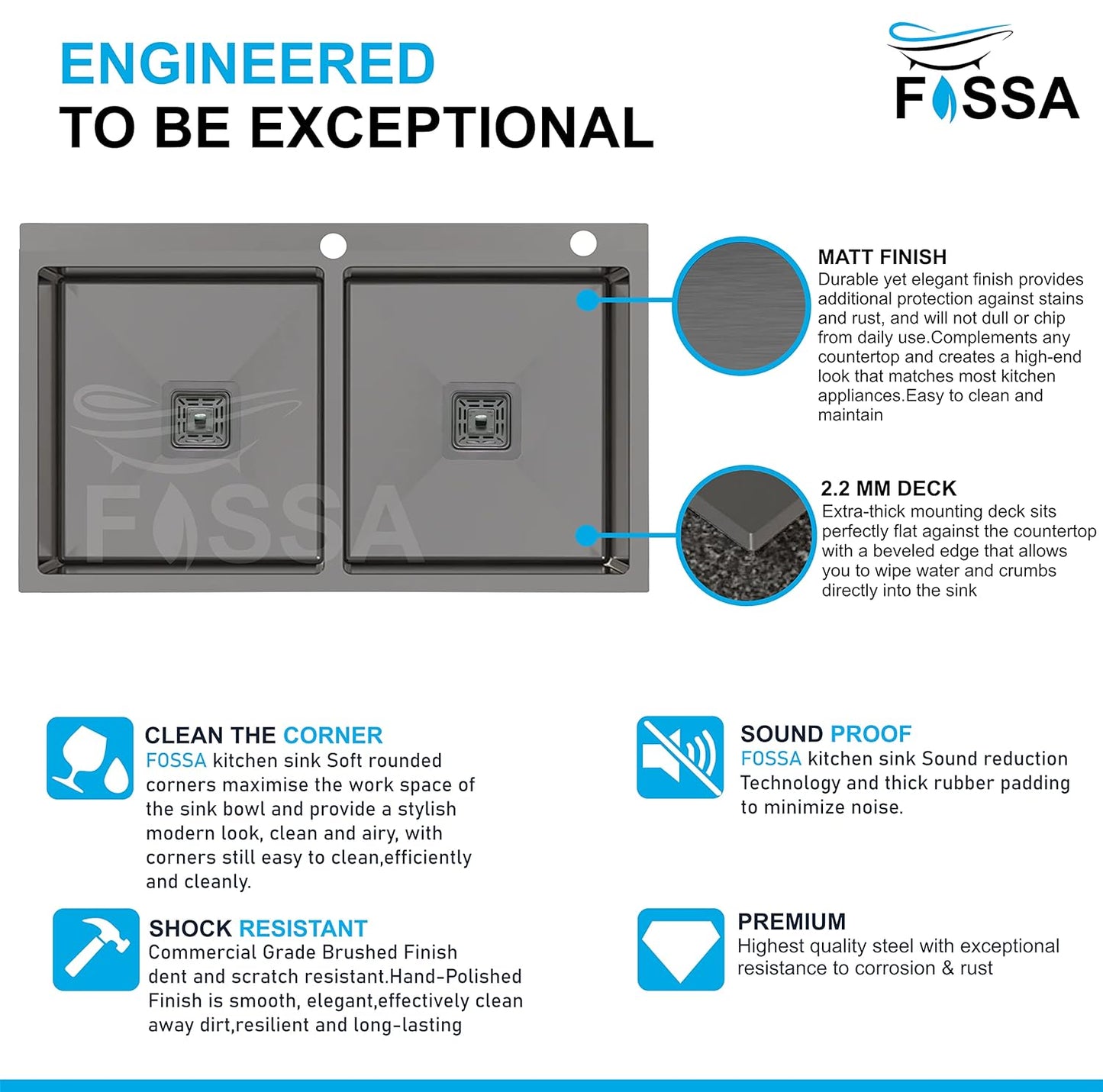 Fossa 45"x20"x10" Double Bowl With Tap Hole SS-304 Grade Stainless Steel Handmade Kitchen Sink Black Matte Finish-2
