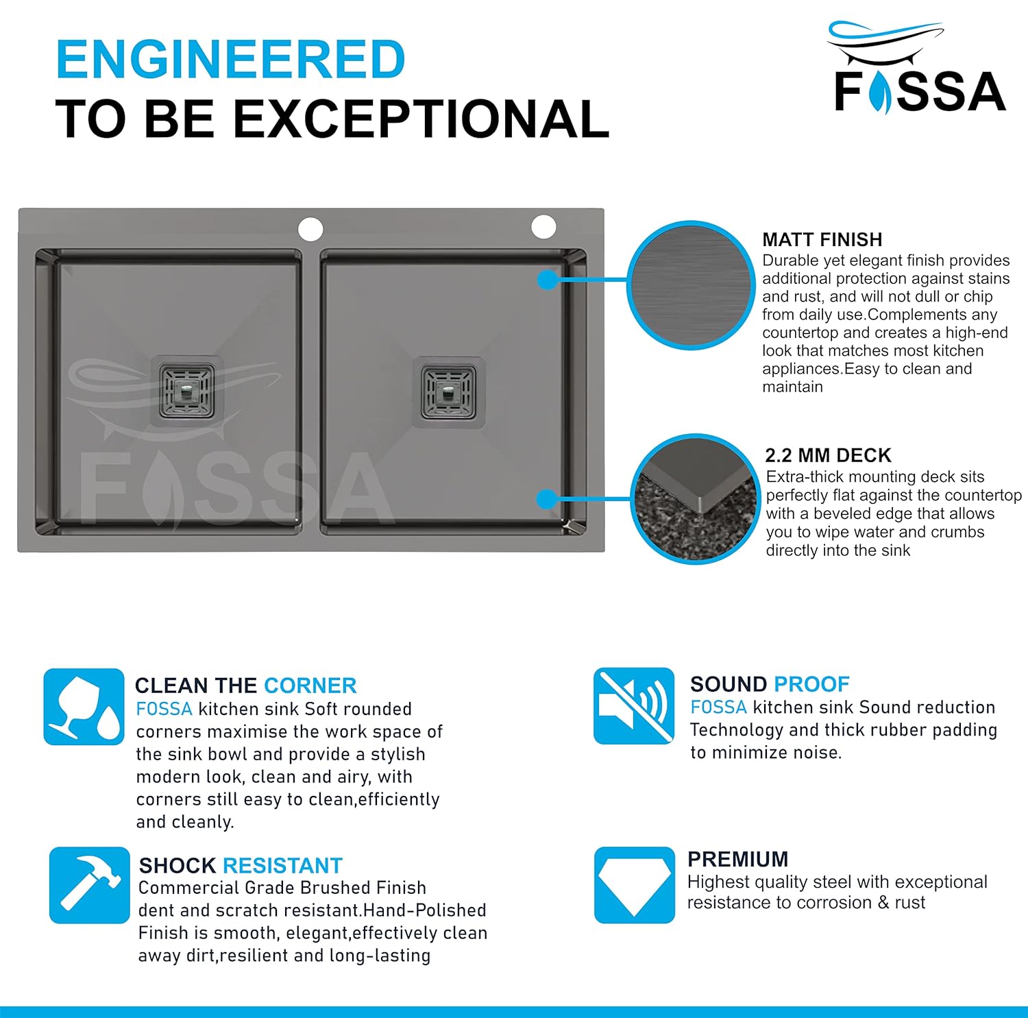 Fossa 45"x20"x10" Double Bowl With Tap Hole SS-304 Grade Stainless Steel Handmade Kitchen Sink Black Matte Finish-2