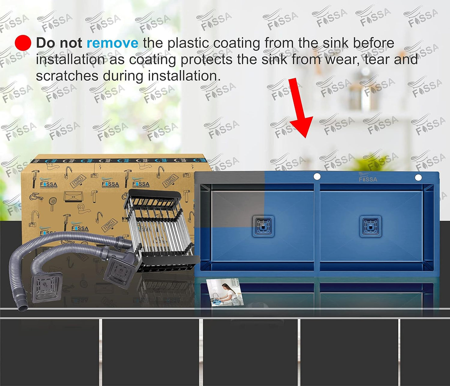 Fossa 45"x20"x10" Double Bowl With Tap Hole SS-304 Grade Stainless Steel Handmade Kitchen Sink Black Matte Finish-3