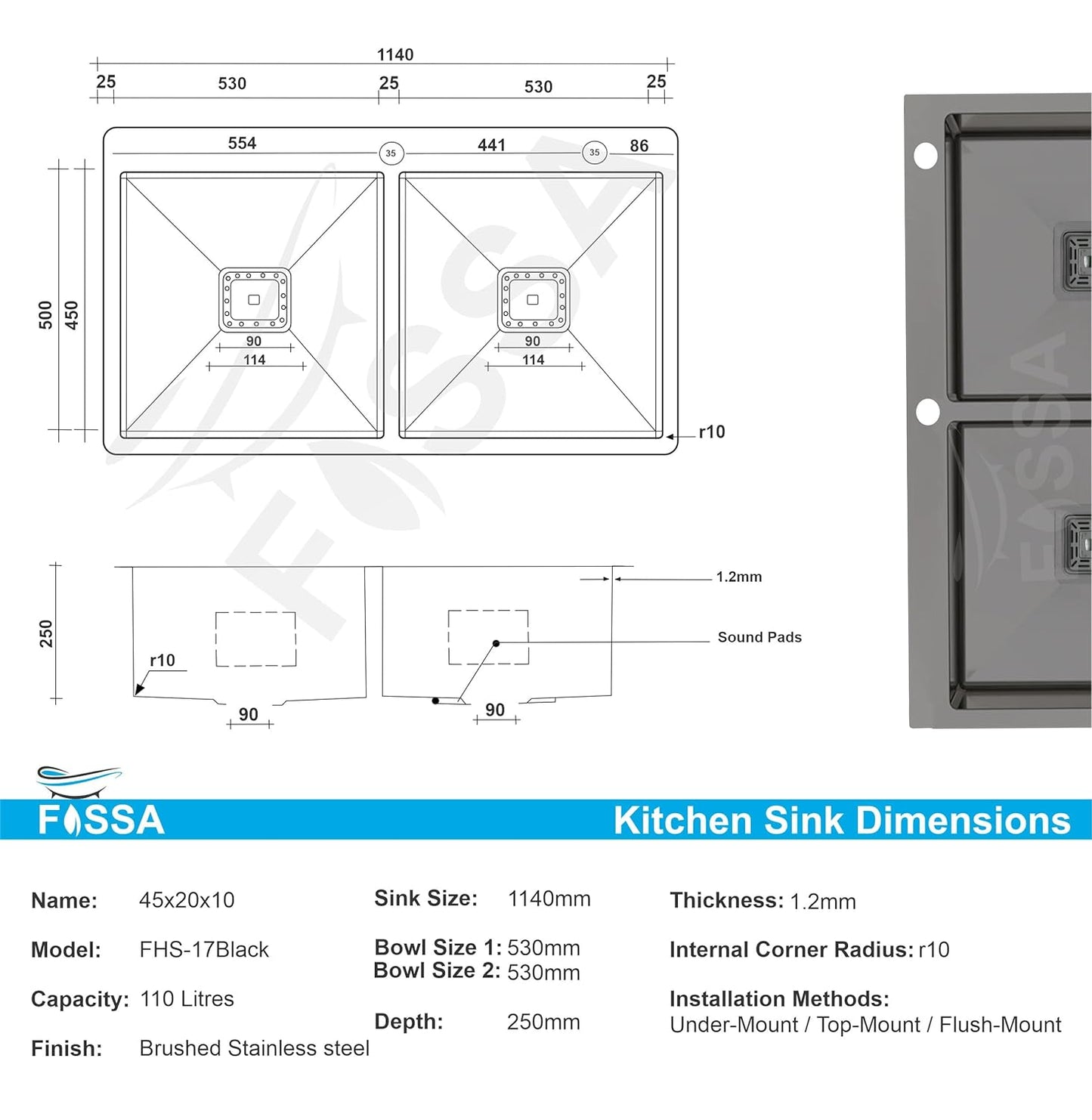 Fossa 45"x20"x10" Double Bowl With Tap Hole SS-304 Grade Stainless Steel Handmade Kitchen Sink Black Matte Finish-1