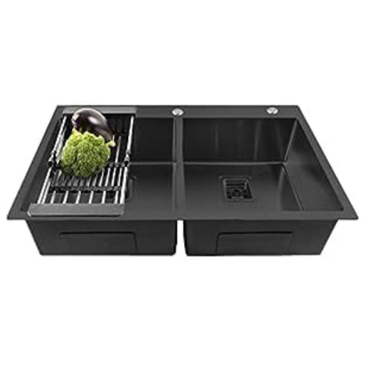 Fossa 45"x20"x10" Double Bowl With Tap Hole SS-304 Grade Stainless Steel Handmade Kitchen Sink Black Matte Finish-0