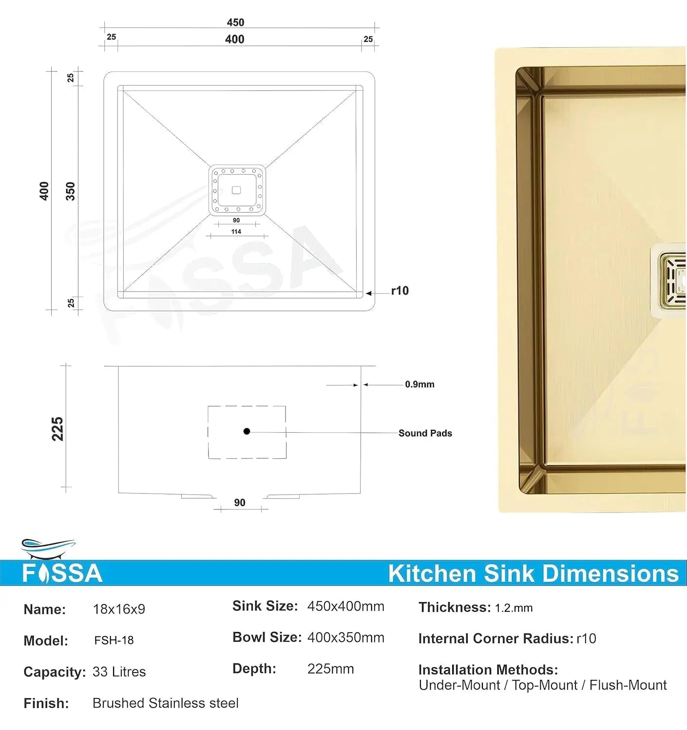 Fossa 18"x16"x10" Inch Single Bowl 304 Grade Stainless Steel Handmade Kitchen Sink Gold-1