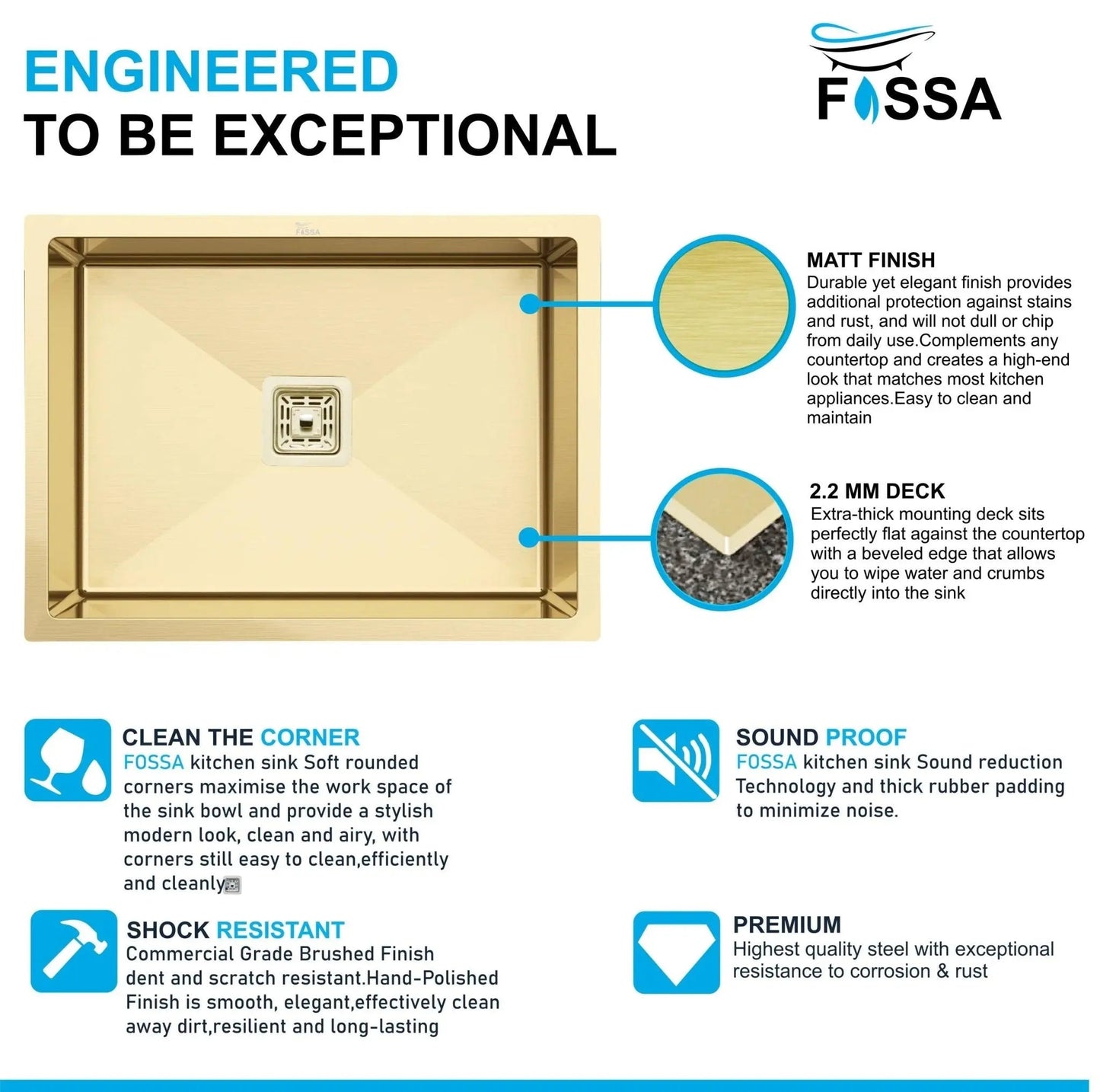 Fossa 18"x16"x10" Inch Single Bowl 304 Grade Stainless Steel Handmade Kitchen Sink Gold-3