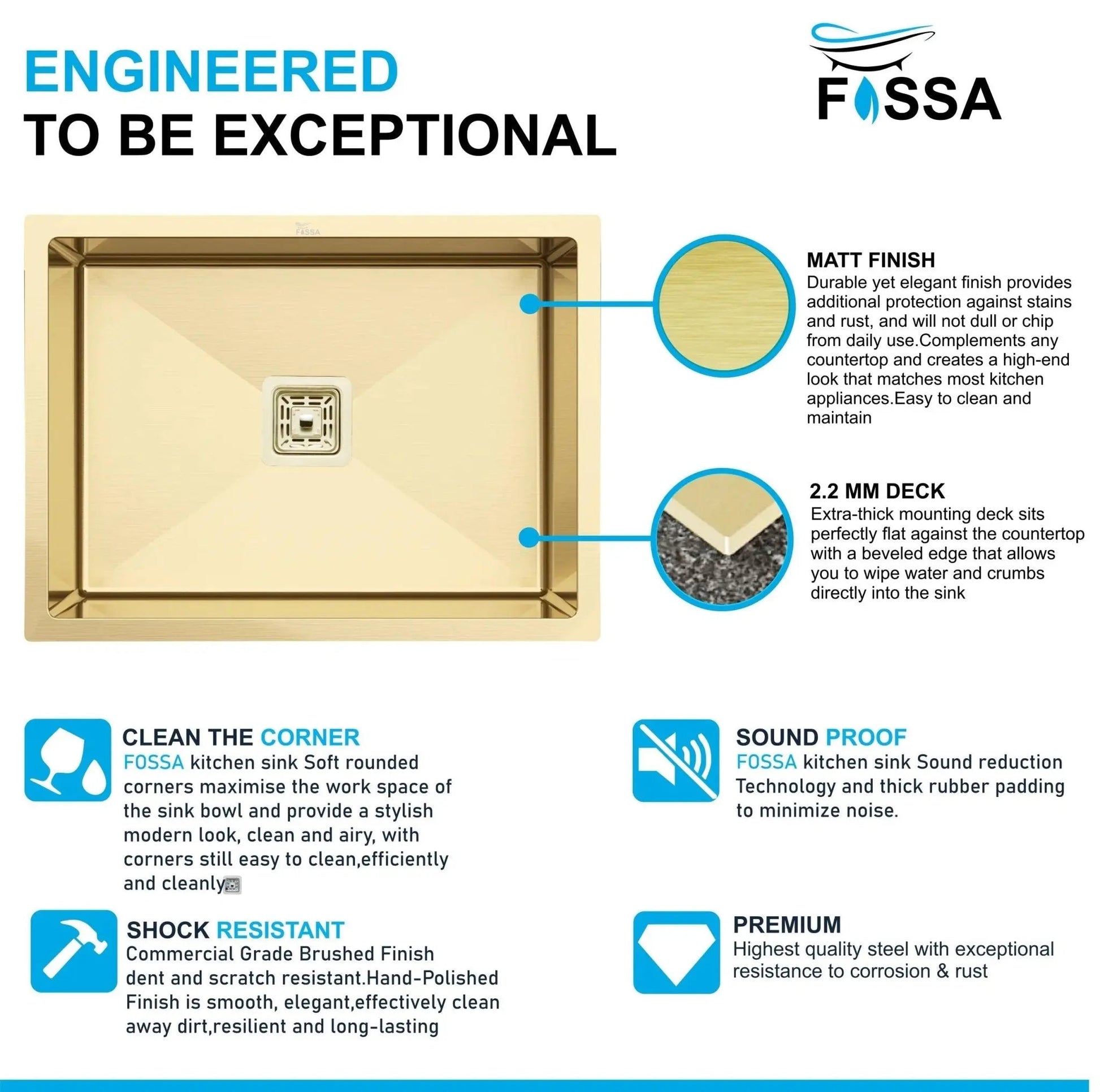Fossa 18"x16"x10" Inch Single Bowl 304 Grade Stainless Steel Handmade Kitchen Sink Gold-3