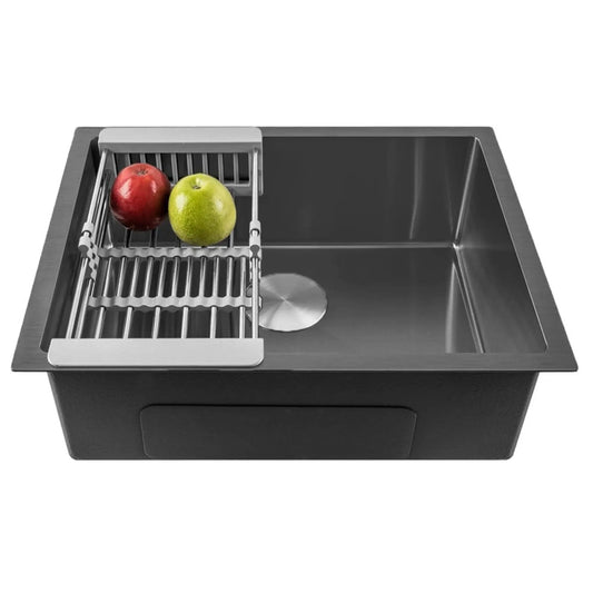 Fossa 24"x18"x10" Inch Single Bowl Premium Stainless Steel Handmade Kitchen Sink Round Coupling Matte Finish FS-04R Black-0