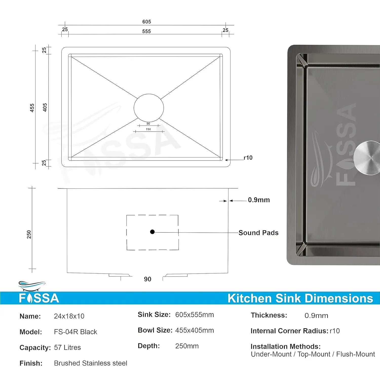 Fossa 24"x18"x10" Inch Single Bowl Premium Stainless Steel Handmade Kitchen Sink Round Coupling Matte Finish FS-04R Black-1