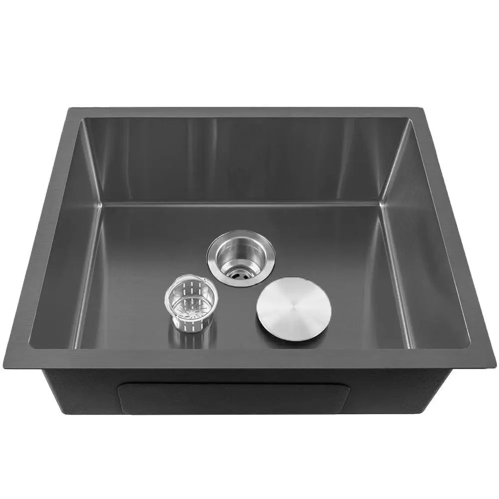 Fossa 24"x18"x10" Inch Single Bowl Premium Stainless Steel Handmade Kitchen Sink Round Coupling Matte Finish FS-04R Black-2