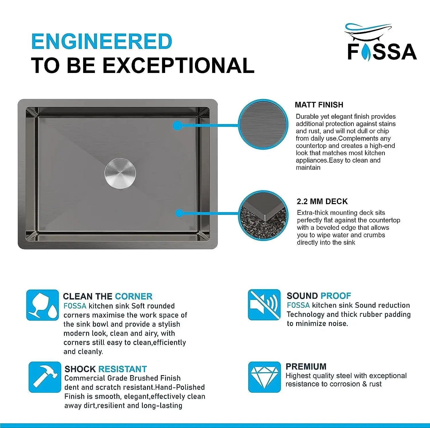 Fossa 24"x18"x10" Inch Single Bowl Premium Stainless Steel Handmade Kitchen Sink Round Coupling Matte Finish FS-04R Black-3