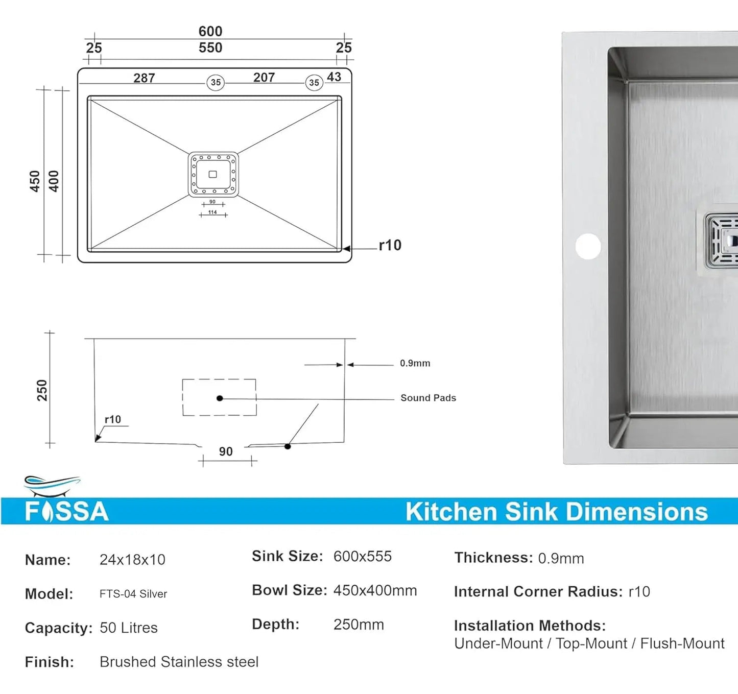 Fossa 24"x18"x10" Single Bowl with Tap Hole Premium Stainless Steel Handmade Kitchen Sink Matte Finish Silver-1