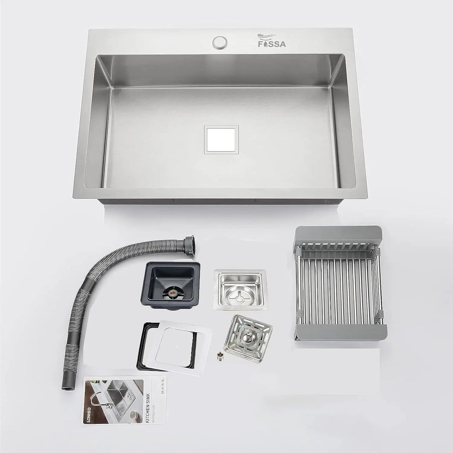Fossa 24"x18"x10" Single Bowl with Tap Hole Premium Stainless Steel Handmade Kitchen Sink Matte Finish Silver-3
