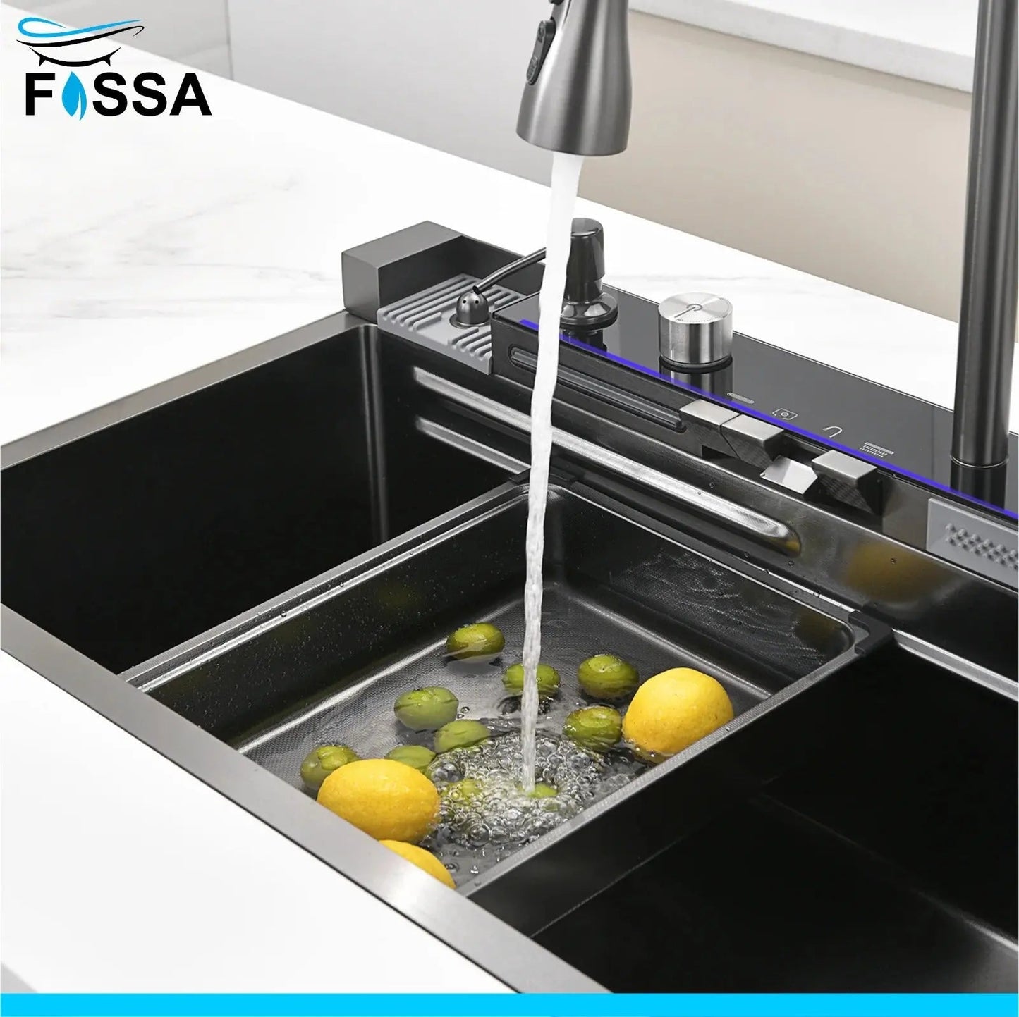 Fossa 30"x18"x10" inch Piano Fully Equipped Kitchen Sink with Integrated Waterfall and Pull-down Faucets - Premium Stainless Steel Sink with LED Pannel and Digital Display - Nano Black Finish-2