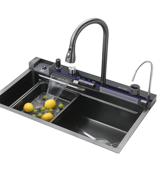 Fossa 30"x18"x10" inch Piano Fully Equipped Kitchen Sink with Integrated Waterfall and Pull-down Faucets - Premium Stainless Steel Sink with LED Pannel and Digital Display - Nano Black Finish-0