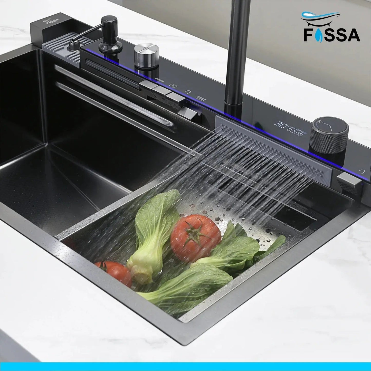 Fossa 30"x18"x10" inch Piano Fully Equipped Kitchen Sink with Integrated Waterfall and Pull-down Faucets - Premium Stainless Steel Sink with LED Pannel and Digital Display - Nano Black Finish-3